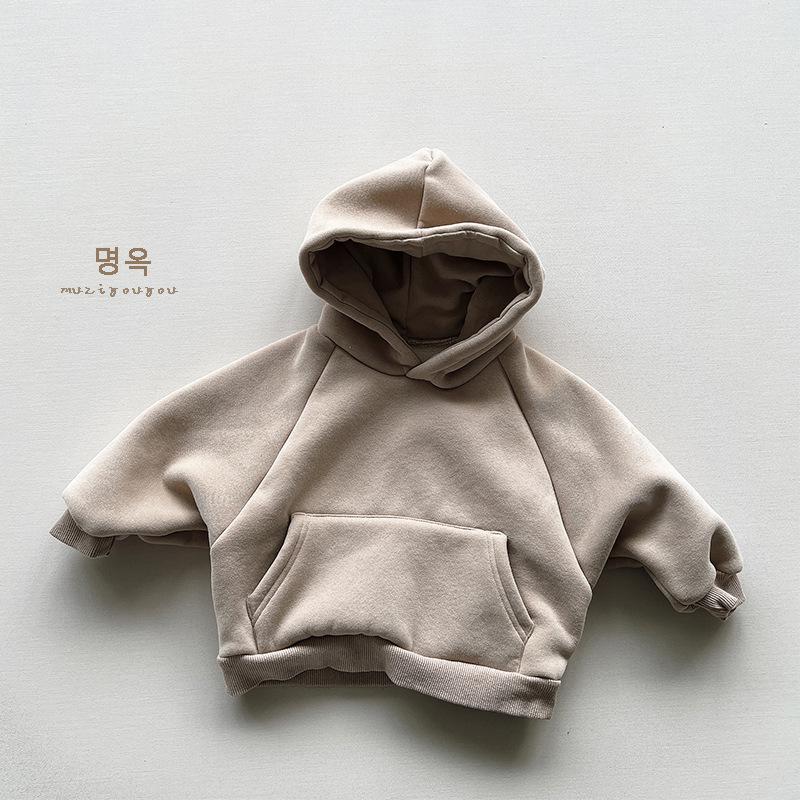 Kids Solid Color Warm Fleece Lined Hooded Pullover Sweatshirt For Boys And Girls
