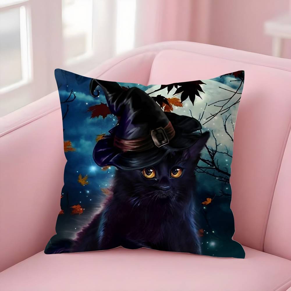 Cute Halloween Kitten Spooky Pillow Case Short Plush Double-Sided Print Square Throw Pillow Covers Sofa Home Cushion Decor