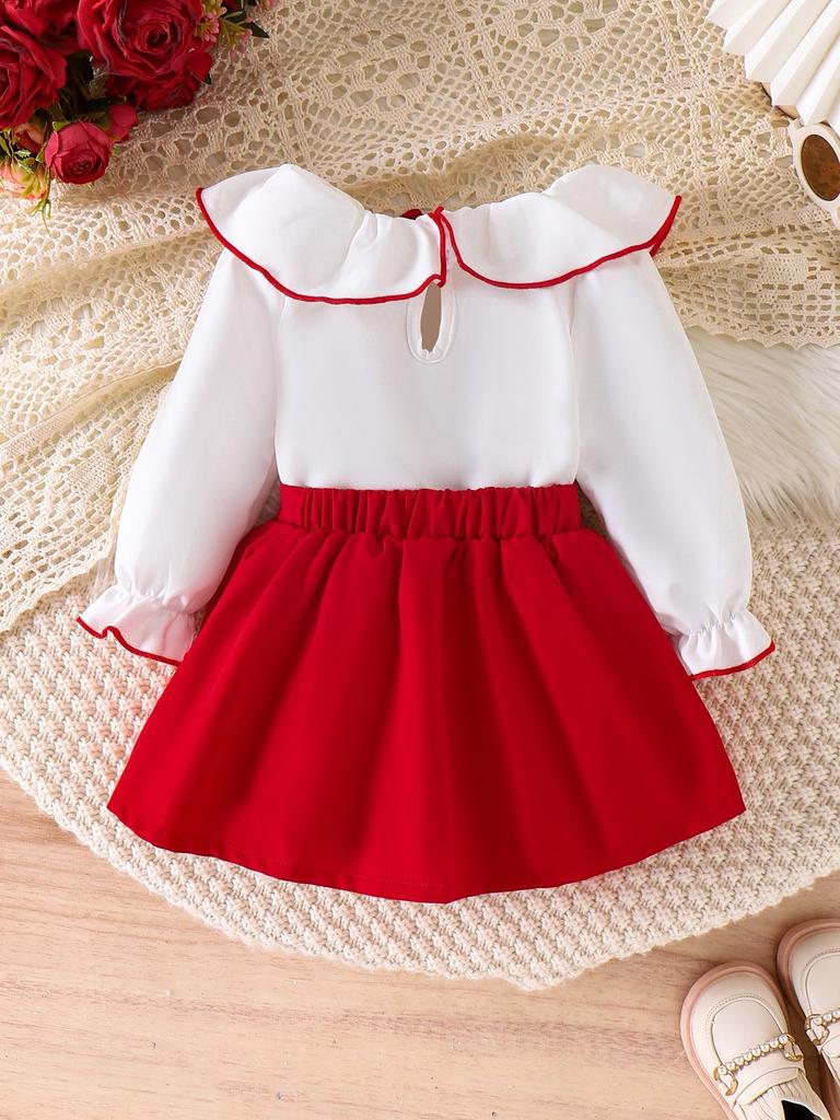 New Girl's European & American Clothing Set: White Long-Sleeve Top + Red Short Skirt