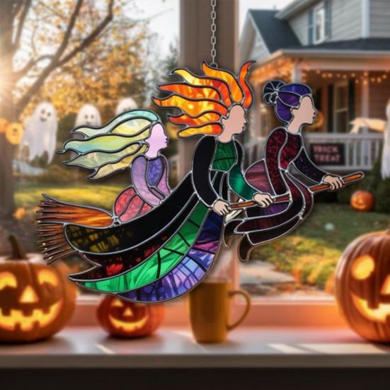 Halloweenský Suncatcher Čarodějnice 3 Čarodějnice Létající na Koštěti Vitrážový Suncatcher Akrylová Závěsná Dekorace na Okno pro Dveře Nástěnná Dekorace