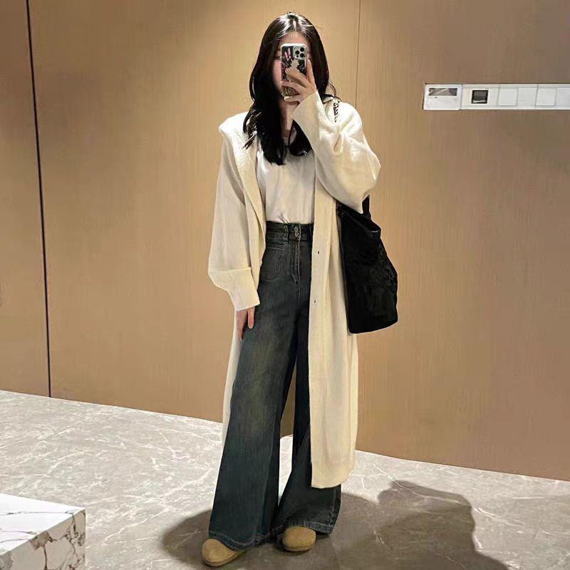 Women's Hooded Knit Cardigan - Maillard Style, Long, Cozy, 2025 Autumn/Winter Collection, Student Lazy Fit