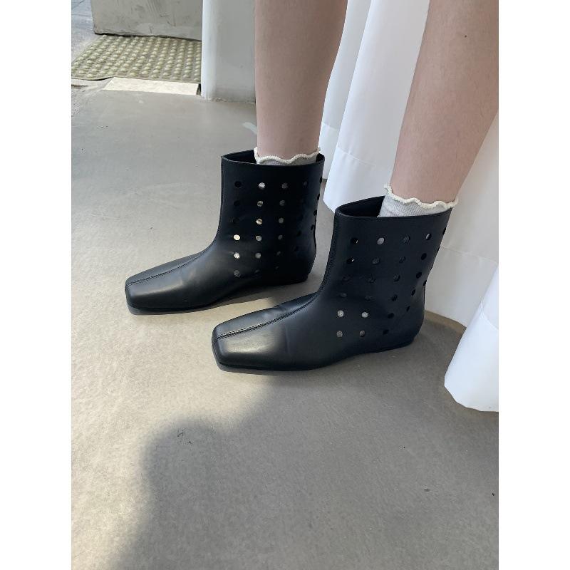 Sheepskin Version~ Design Sense Leather Wide Tube Western Boots Women's Retro Hollow Boots Breathable Inner Height Increasing Short Boots Net Boots