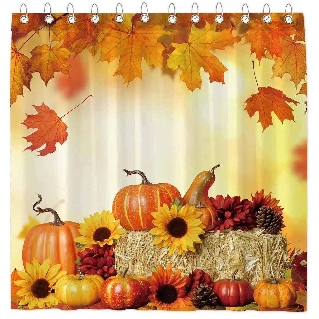 Autumn Fall Shower Curtains Brown with Thanksgiving Harvest Pumpkin Bathroom Curtain for Halloween Party Home Decor with Hooks