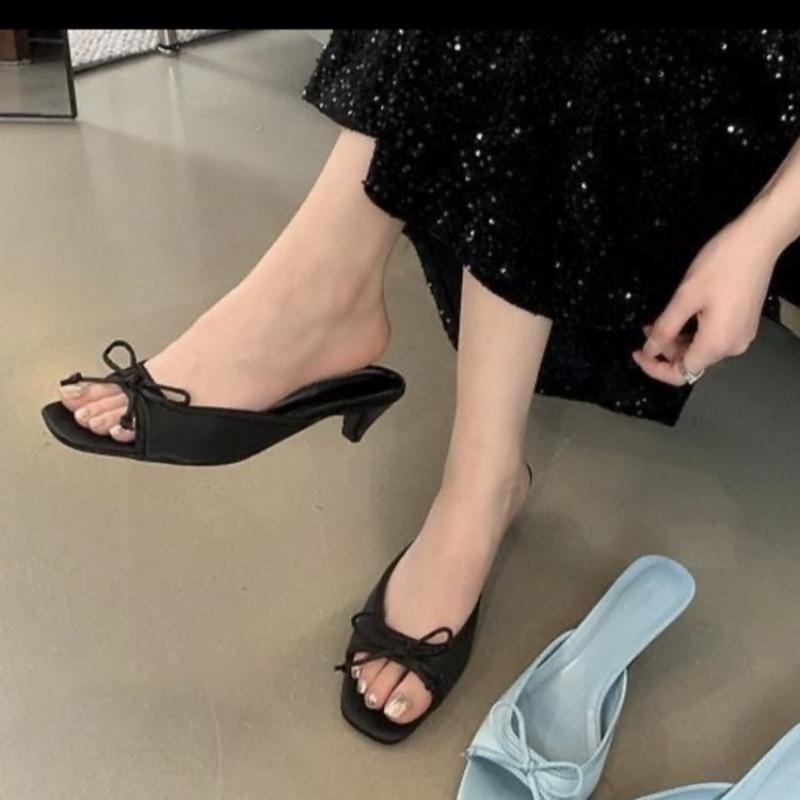 Fashion Hot Selling 2025 Summer New Butterfly Knot Small Heel Slippers Square Toe Open Toe Temperament Non-Slip Kitten Heel Slippers