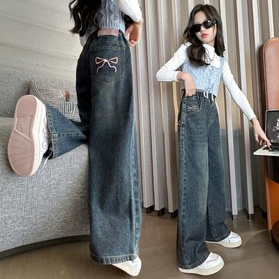 Girl Pocket Embroidery Jeans Teenage Children Wide Leg Denim Pants for Kids Loose Trousers Spring Autumn