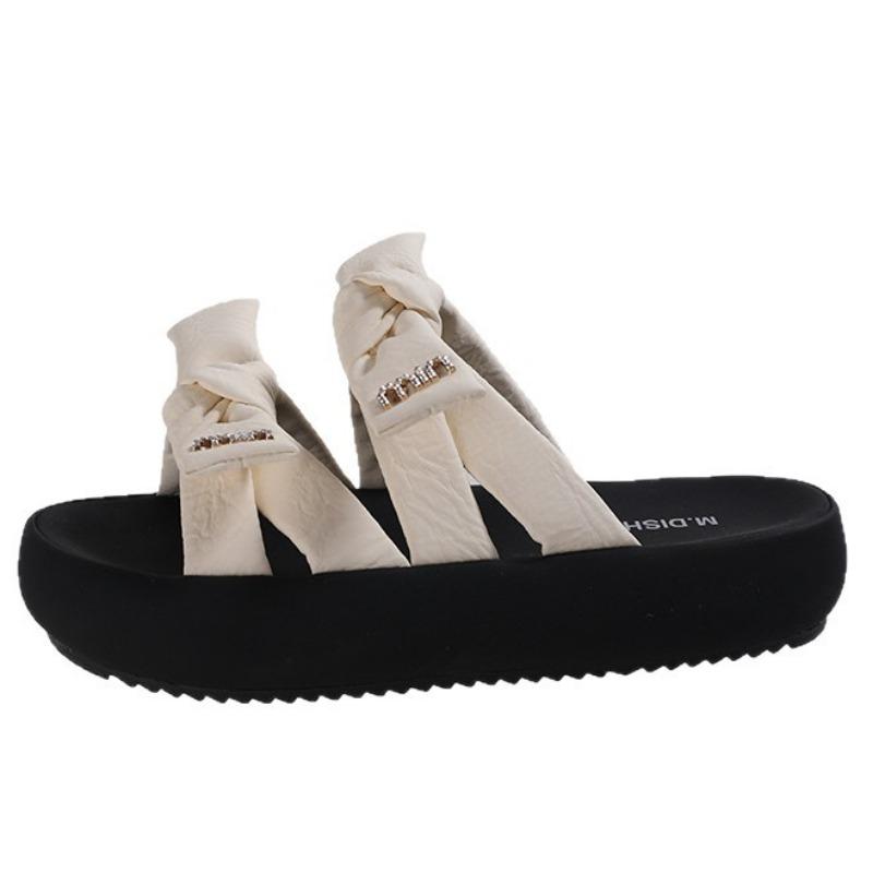 Bow-tie platform slippers women's summer outer wear new height-increasing one-word drag women's versatile beach shoes