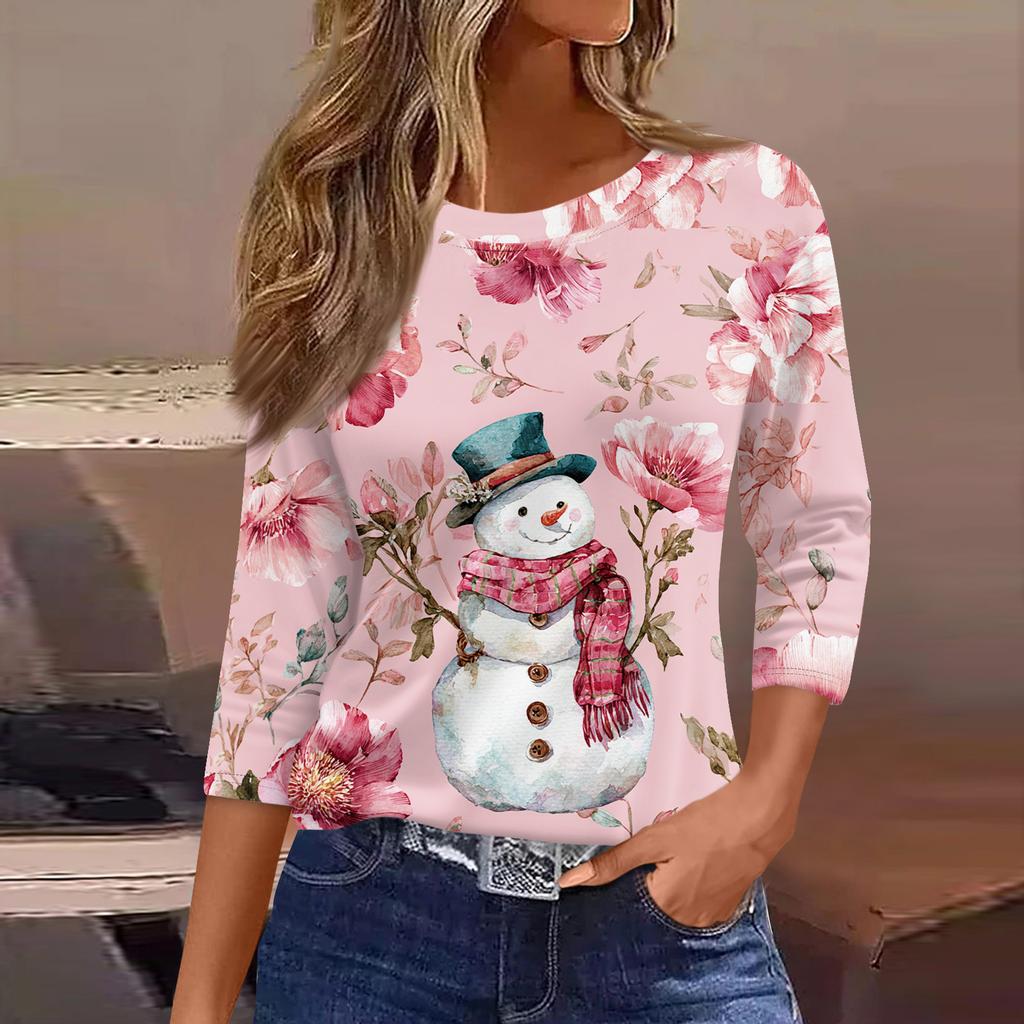 3/4 Length Sleeve Womens Tops Floral Print Vintage Fashion Casual Loose With Round Neck Plus Size Shirts