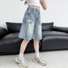 Long Style Kids Child New Design Jeans Capris Shorts with Fake Pocket for Girls High Fashion Summer Mid-Calf Denim Shorts 5-14T