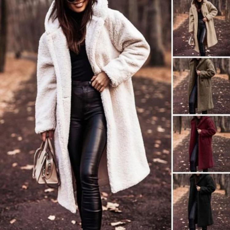 Winter Plush Hooded Long Coat Women Solid Color Long Sleeve Autumn Single Button