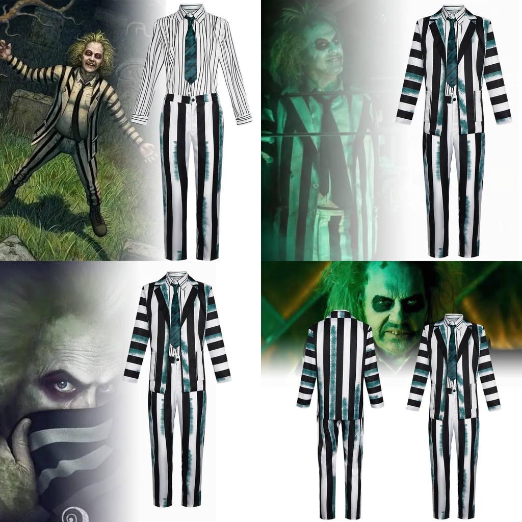 Snygg Beetlejuice Cosplay-dräkt med gröna, svarta och vita ränder Mjukt tyg