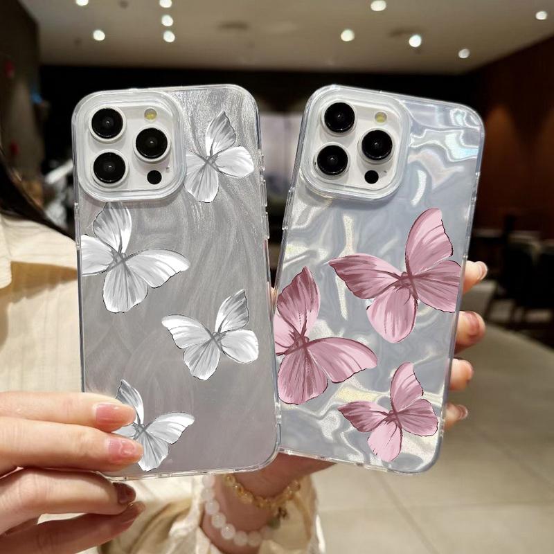 Carcasă de telefon subțire cu imprimeu de fluturi în culori solide, cu margini moi, pentru iPhone 16 Pro 15 Pro Max 14 13 12 11, cu sclipici, cu pene, rezistentă la șocuri, din PC rigid