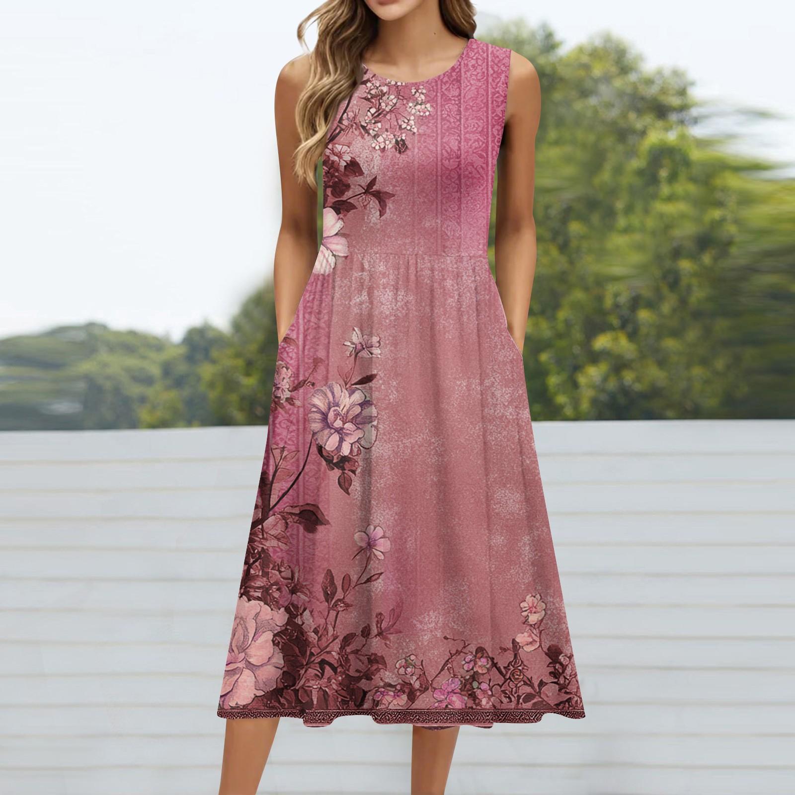 

Женское модное платье средней длины с круглым вырезом и принтом без рукавов XL красный