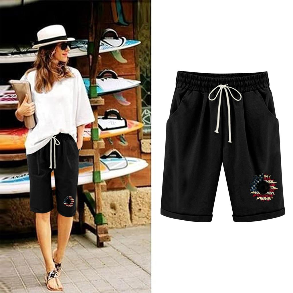 Shorts in Übergröße für Damen, dehnbar, kurvig, aus Baumwolle und Leinen, mit Kordelzug, elastischer Bund, Bermudashorts, lässige Strandkleidung