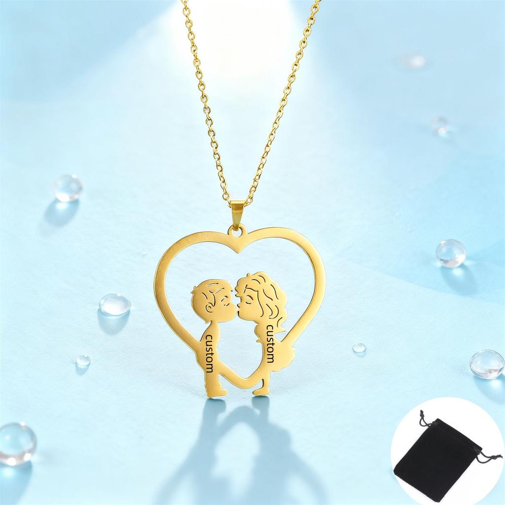Customized Name Couple Kiss Little Person Necklace Stainless Steel Personalized Heart Name Love Necklace Jewelry Gift