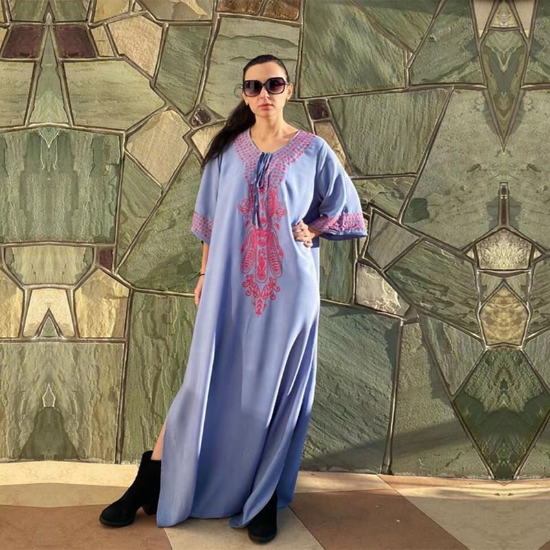 Embroidery Kaftan Beach Tunic Cotton Beach Cover Up Saida De Praia Swimsuit Women Bikini Cover Up