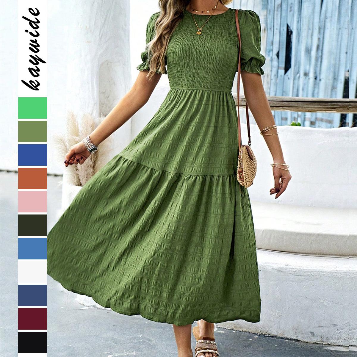 

Casual Vacation Style Lotus Leaf Sleeve Cinched Waist Women s Long Dress 2025 S білий