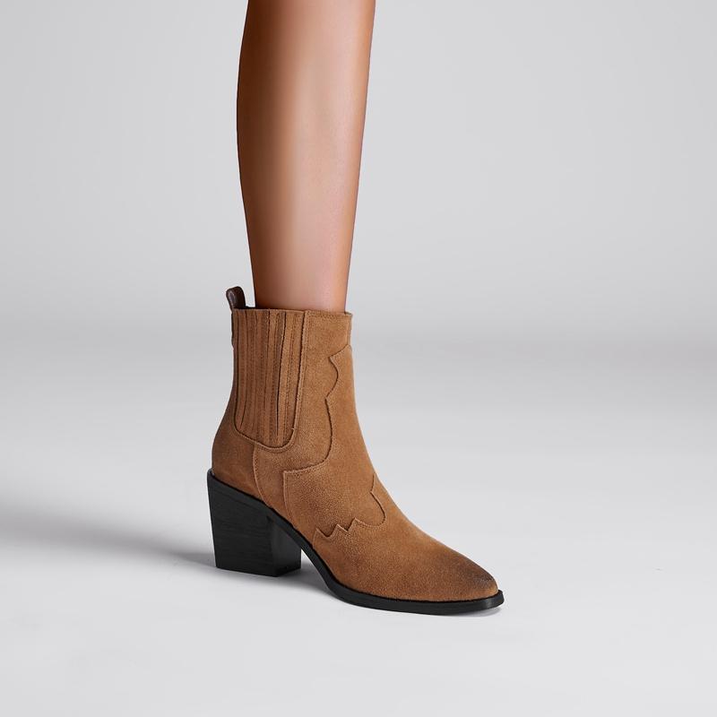 Fashion Kaky's New Cowhide Thick High Heel Pointed Large Women's Shoes Short Boots