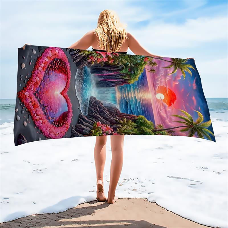 1PC  Aesthetic Ocean Heart Waterfall Beach Towel, Large Quick Dry Towel for Vacation