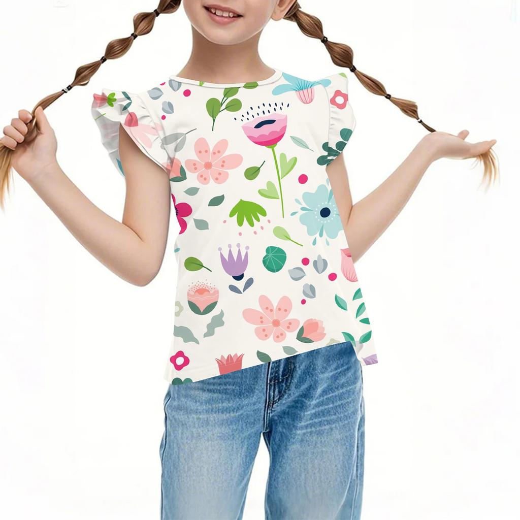 Children's Casual Short-Sleeved Pleated Cute Floral Printed Round-Neck Top