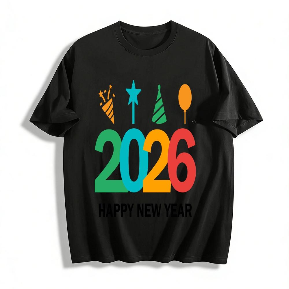 2026 New Year Themed Colorful Number Print Casual Festival Top Pure cotton T-shirt XXS