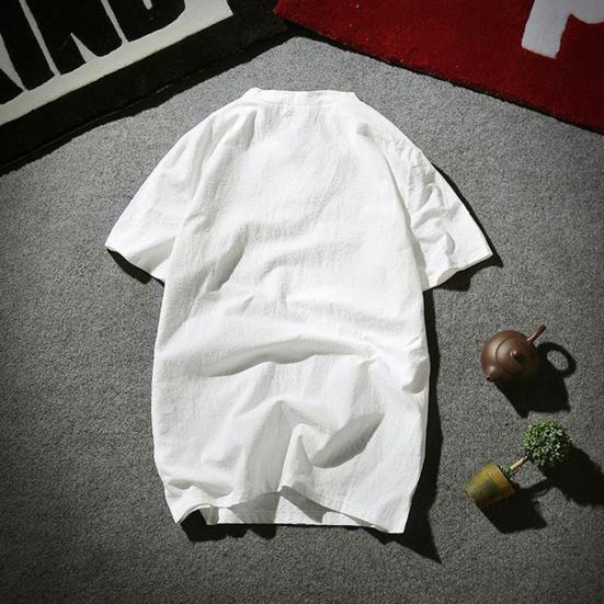 Men T-shirt Short Sleeves V Neck Button Solid Color Slim Fit Cotton Linen Summer Casual Male Tee Shirt Top Daily Wear