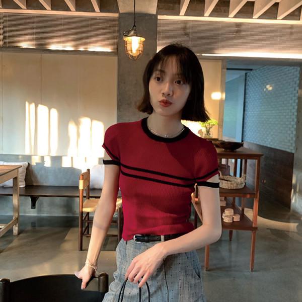 Chic Striped Knit Sweater - Women's Summer Slim Fit, Round Neck Top