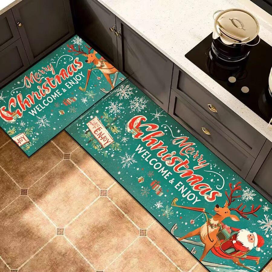 Christmas Santa Kitchen Mat Set, 2-PC Absorbent Non-Slip Floor Rugs for Holiday Decor