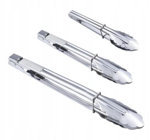 Set of Steel Grill Tongs, 3 Pieces, Different Sizes