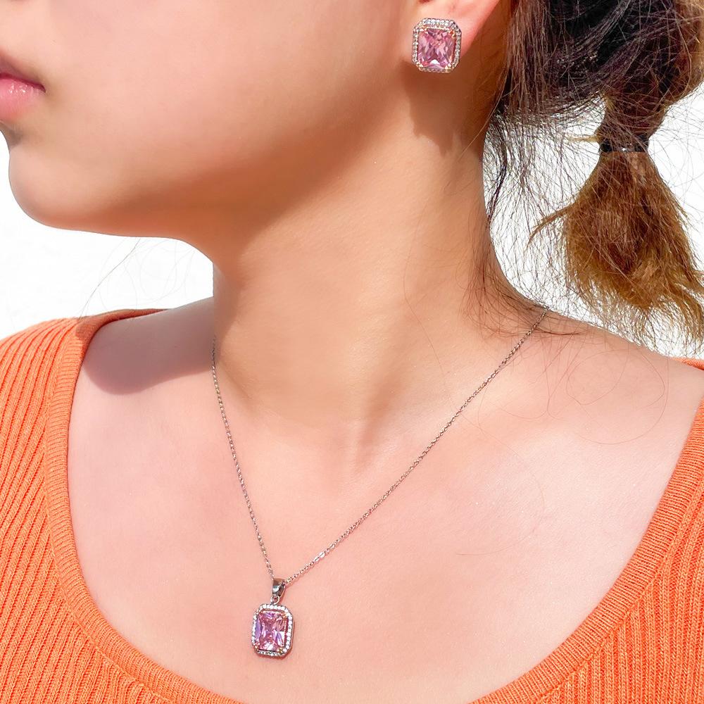 Bright Princess Pink Long Square Diamond Set Chain Electroplating Two-Color Zircon Necklace Earrings Square Diamond Color Treasure Set
