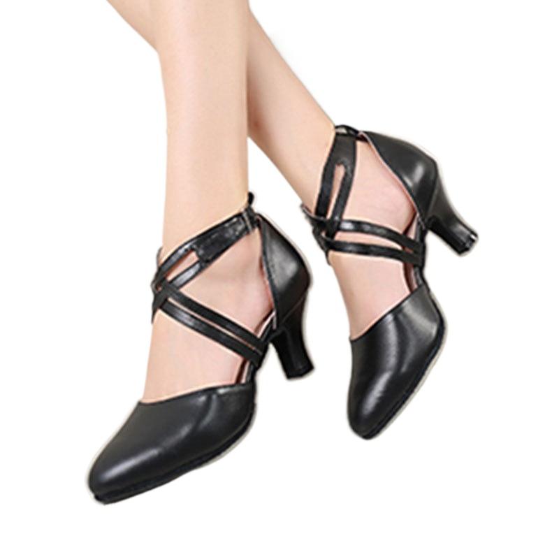 Women's Cross Strap Character Shoes Non-Slip Salsa Latin Ballroom Dance Pumps Black Wedding Heels
