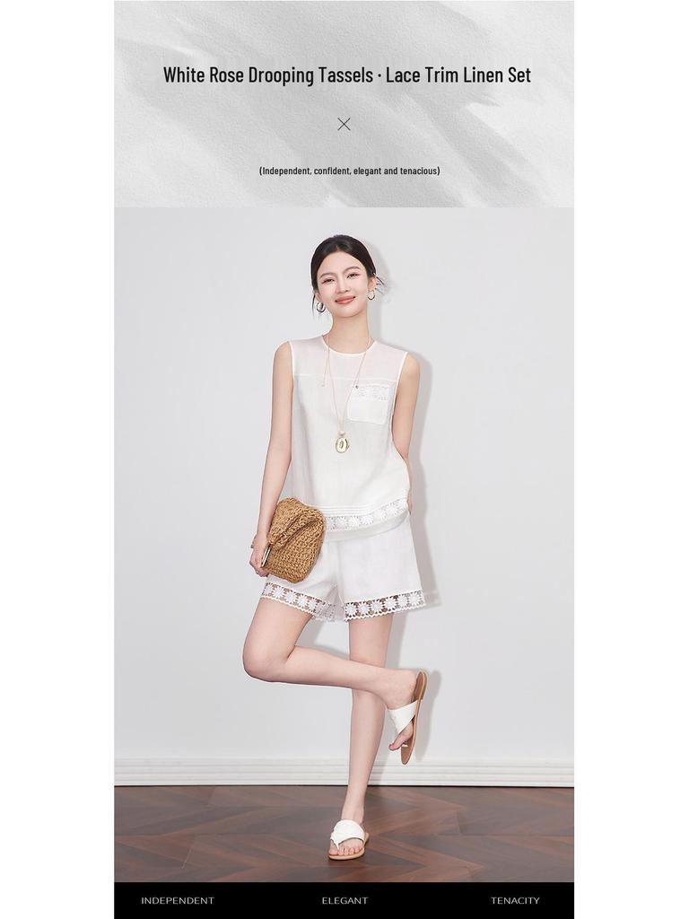 Linen Sleeveless Lace Top & 3D Embroidered Sunflower Shorts Set for Women