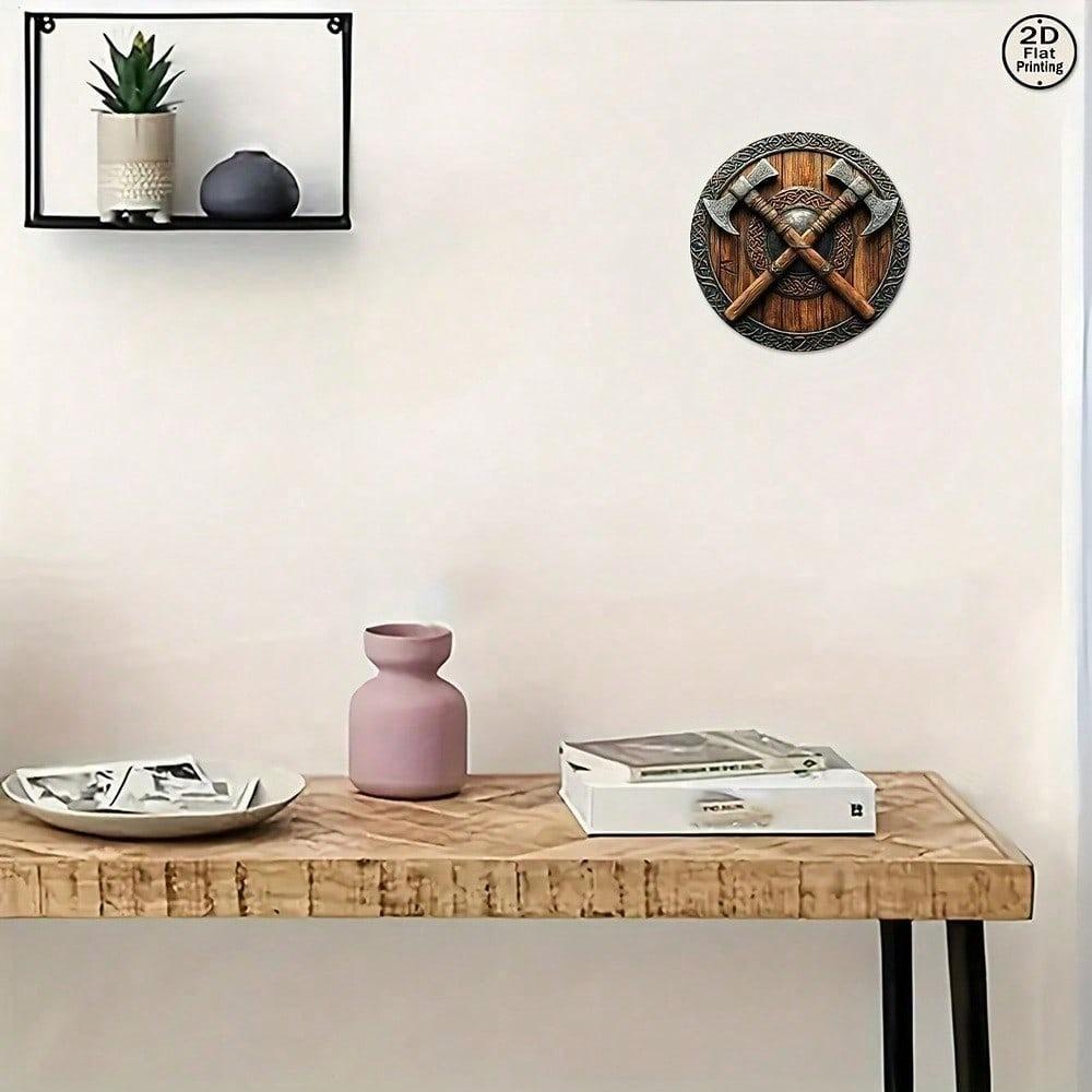 TOTNTUR 8 Inch Vintage Viking Crossed Axes Metal Wall Sign Aluminum Art Home Bar Cafe Decor
