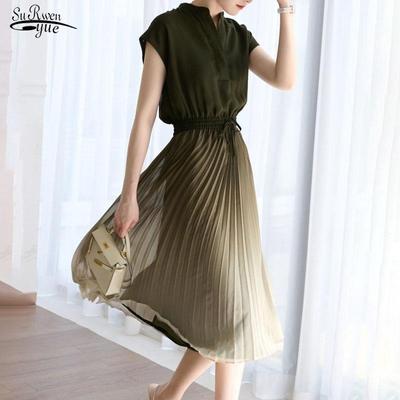 Fashion Solid Summer Dress For Women Pleated Long Dress Female Party Dresses Lace Up Short Sleeve Ladies Dress Clothes 15337
