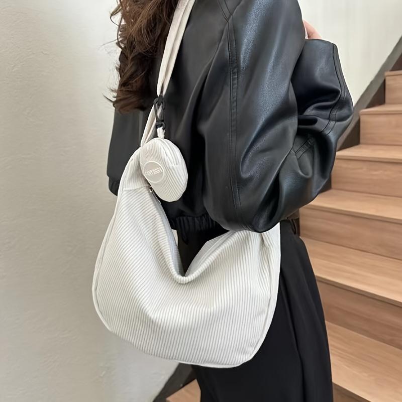Large Capacity Corduroy Chic Crossbody Bag for Women - Adjustable Strap, Solid Color, Casual Dumpling Design with Zip Closure
