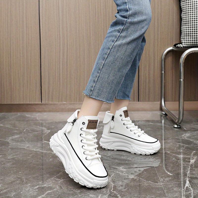Women's Trendy Platform Sneakers, Lace Up & Side Zipper High Top Skate Shoes, Comfortable Heightening Sports Shoes Plus Size