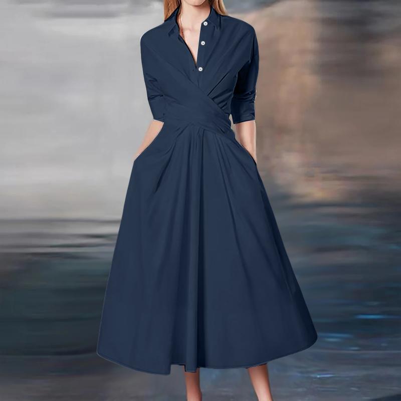 

ZANZEA Женское повседневное платье-рубашка с отложным воротником и длинными рукавами тёмно-синий