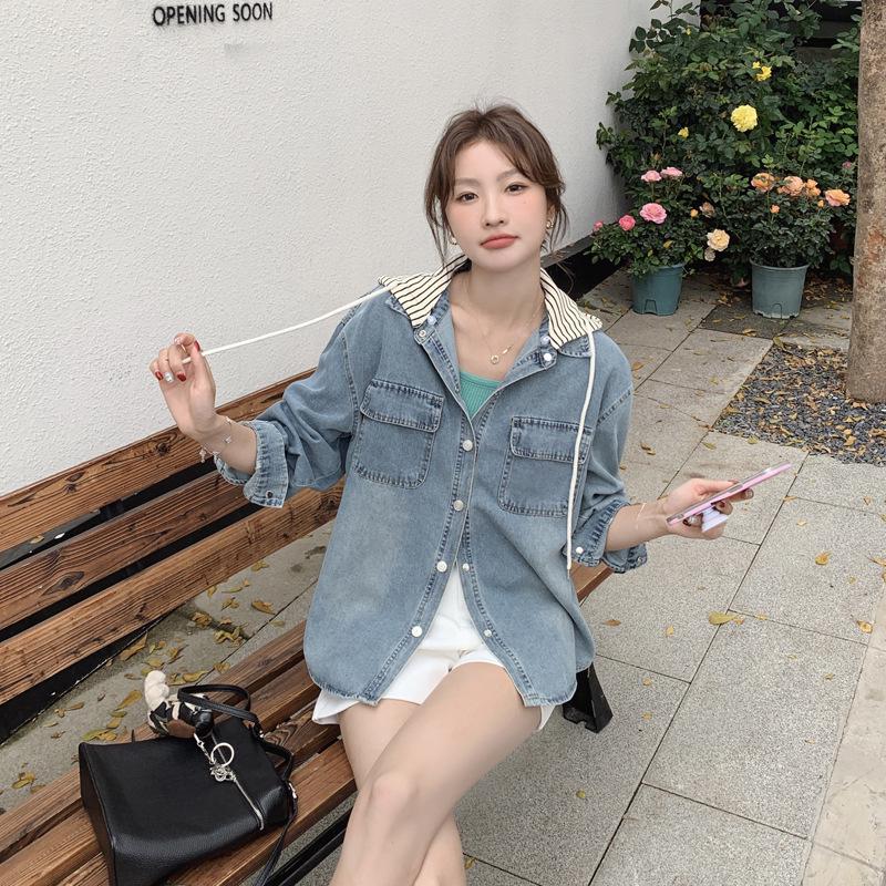 

Женская ретро джинсовая куртка 2025 года с отстегивающимся капюшоном - повседневный и универсальный верх L (110-125 lbs)