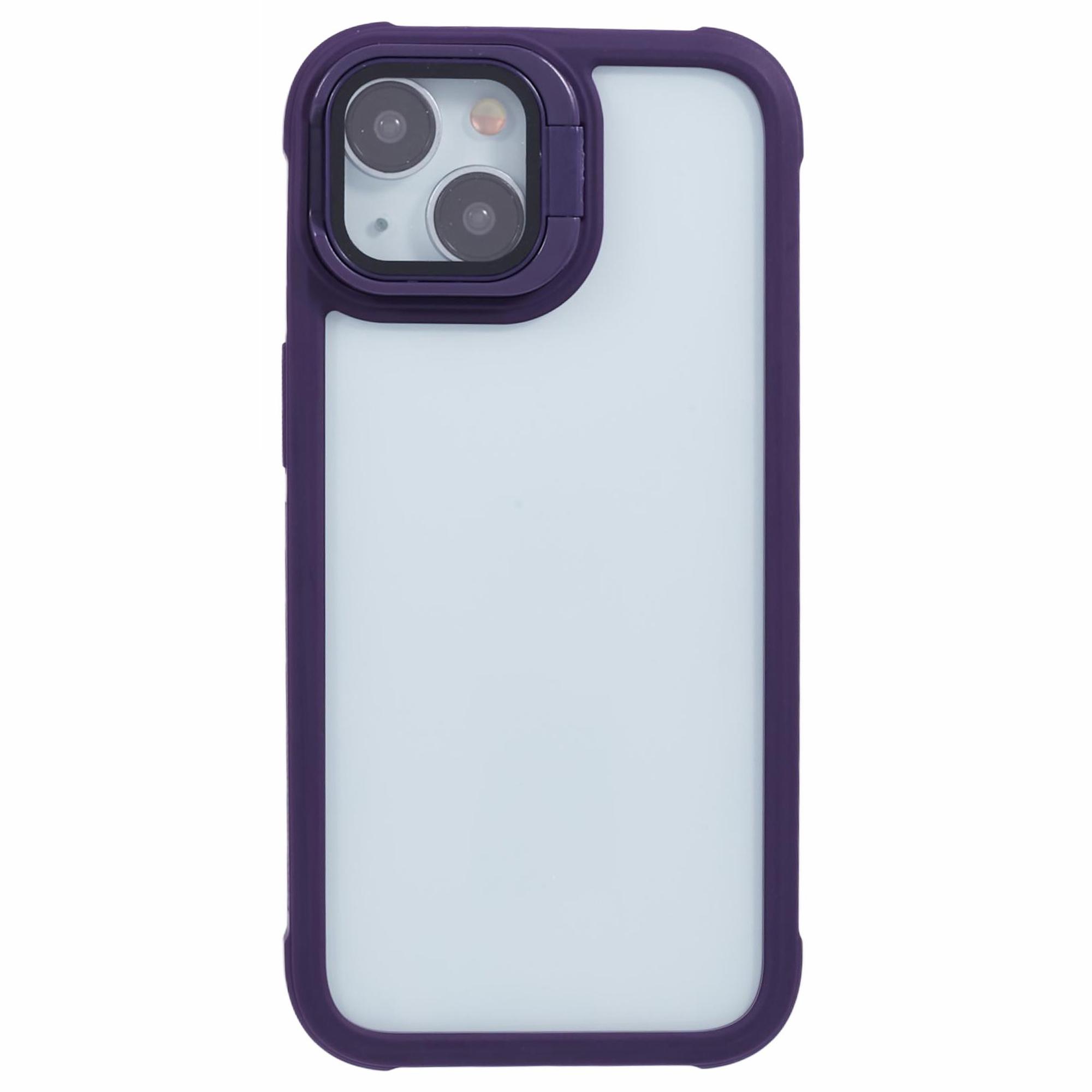 

For iPhone 13 Case Lens Frame Kickstand PC+TPU Non-Slip Edge Phone Cover Purple