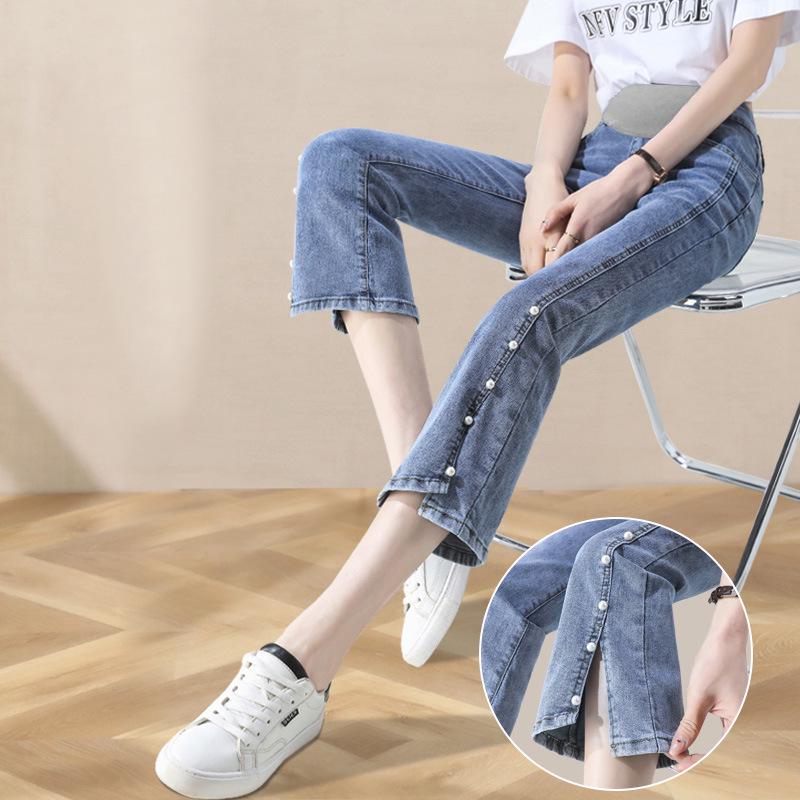 

Petite High Waist Maternity Flare Jeans - Lightweight Summer Style with Slits L синій