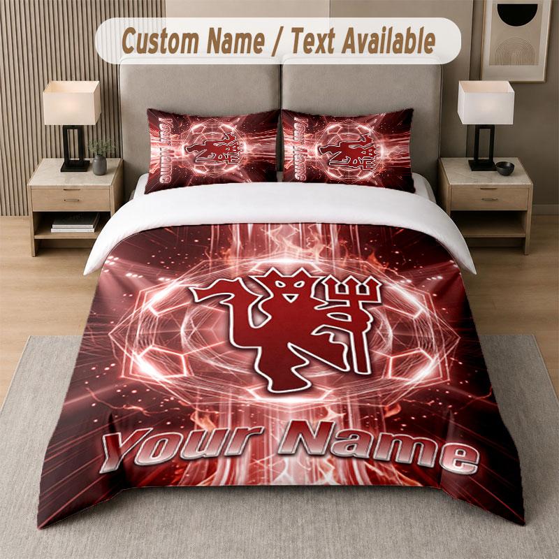 Custom Bedding Set Manchester United Pattern, Print Name Text 1 Duvet Cover Plus 2 Pillowcases Home Textile