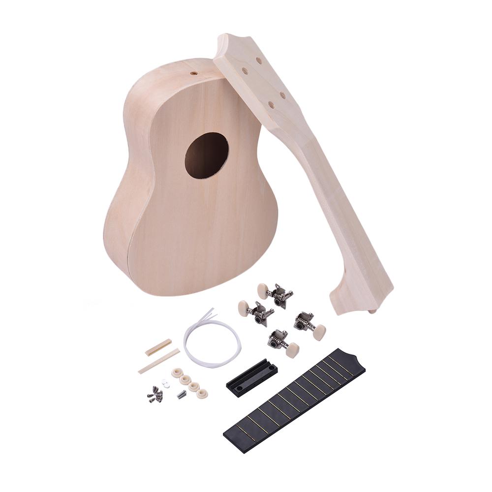 21 Inches Unfinished DIY Ukulele Ukelele Uke Kit Basswood Body & Neck Plastic Fingerboard & Bridge Nylon String for