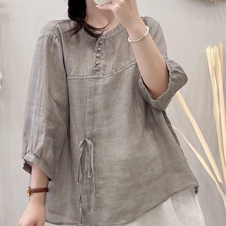 Summer New Literary and Retro Casual Loose and Thin Five-quarter Sleeve Solid Color Lace-up Top Shirt Shirt Women