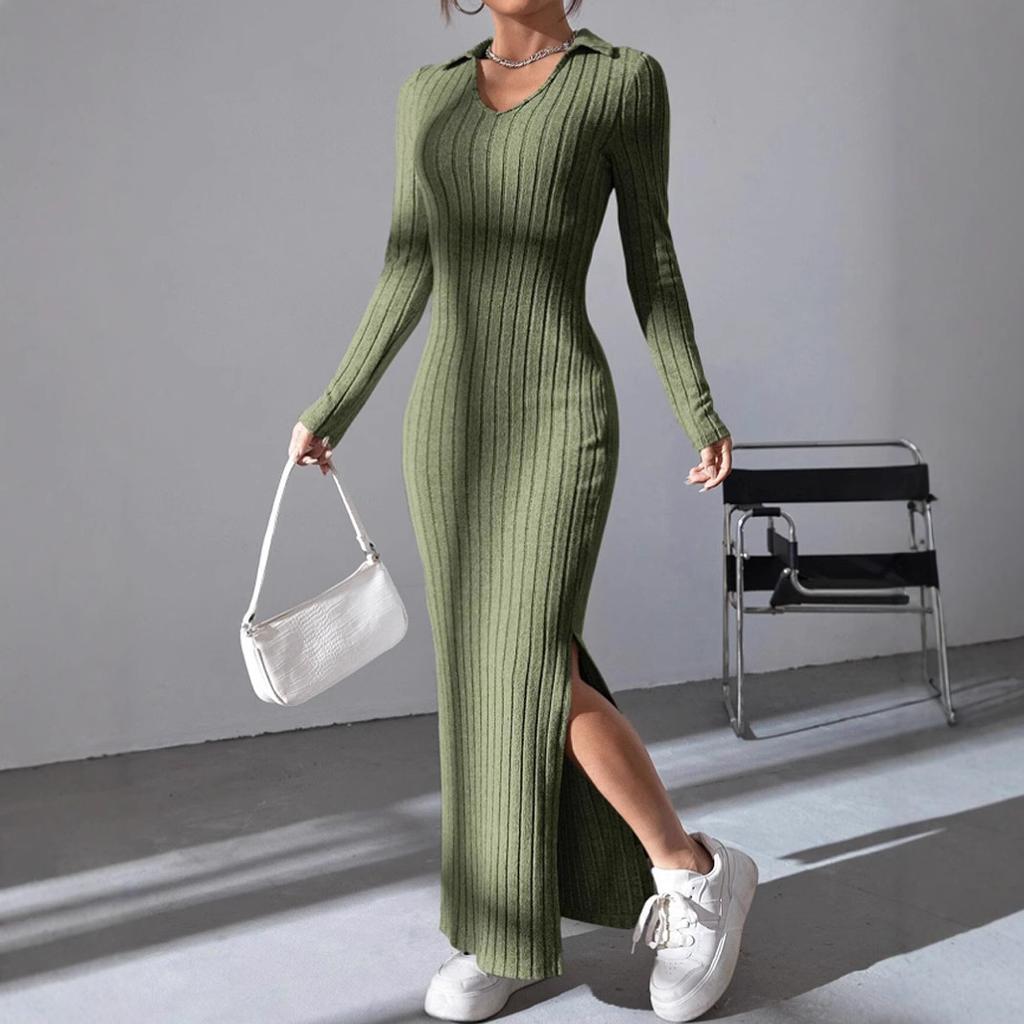 Orange V-Neck Long Sleeve Knit Bodycon Midi Dress with Side Slit