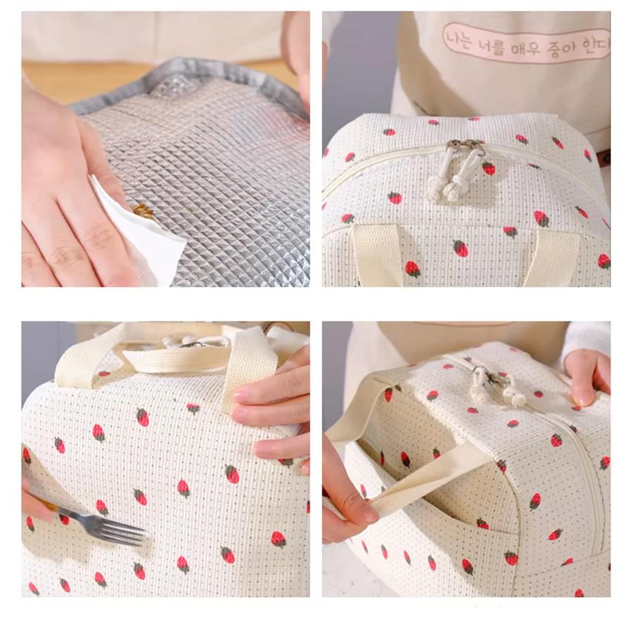 1pc Corduroy Insulation Lunch Bag Portable Hand-held Bento Bag Large Capacity Flower Strawberry Patterned Outdoor Picnic Bag