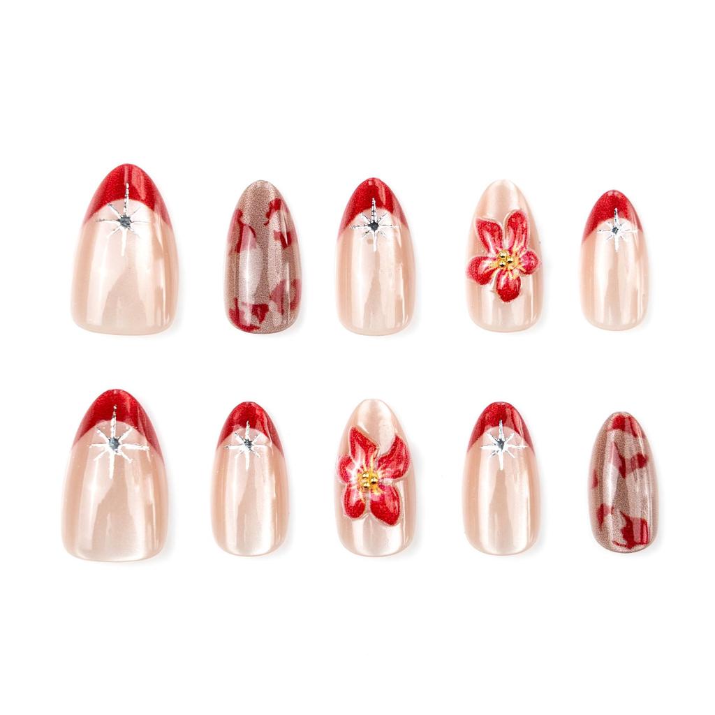 30-Piece Red French Manicure Set: European & American 3D Flower Cat Eye Almond Nails with Gilded Accents