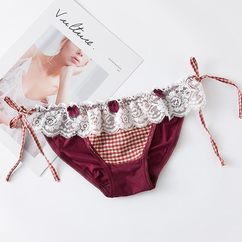 Checkered Lace Up Panties Lace Low Waist Triangle Women's Panties