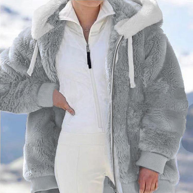 Herbst und Winter Damen Loose Plüschmantel Lässiger Kapuzenreißverschluss Damen Einfarbig Damenmäntel