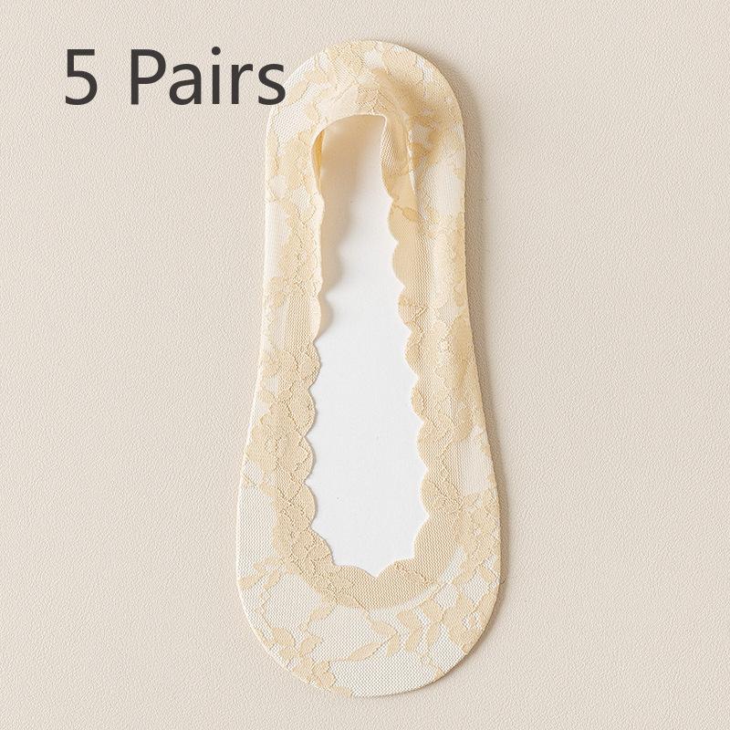 5 Pairs of Women's Spring Summer Thin Cotton Sole Lace Non Slip Boat Socks