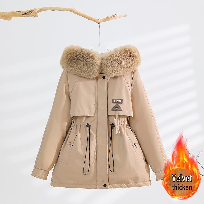 

Женская парка средней длины, приталенная, с капюшоном и большим меховым воротником - Флисовая подкладка, большой размер, осенне-зимнее пальто L (115-130 lbs)