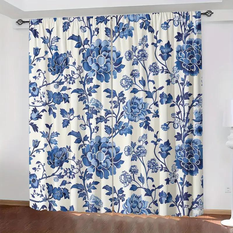 2PCS 2D Flat Curtains   Polyester Material   Blue and White Printing Art Design   Pole Bag Design   Bedroom   Home Decoration